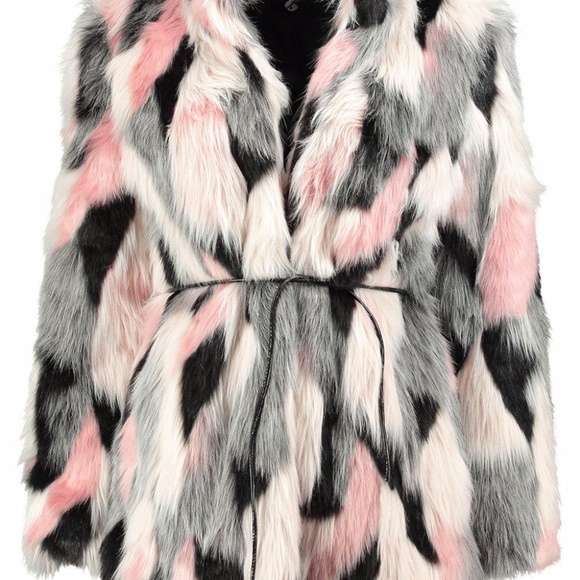 Boutique Emma Patchwork Faux Fur Coat With PU Belt - Picture 2 of 4